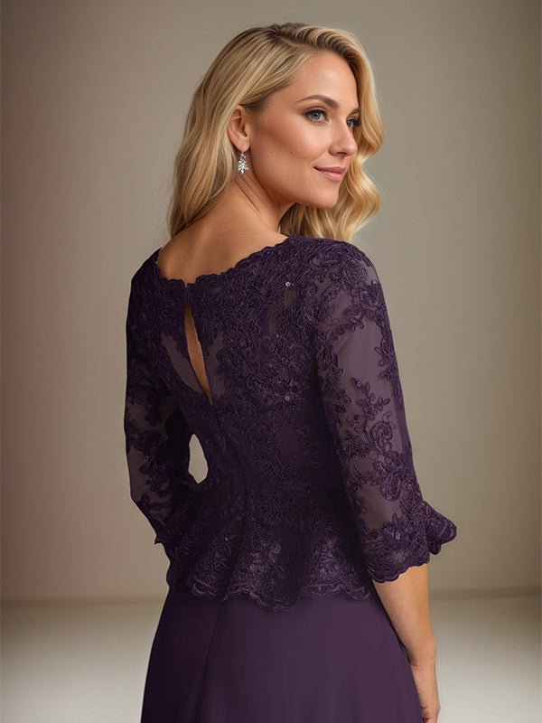 Plum A Line Chiffon Boat neck 3/4 Sleeves Floor Length Dress With Appliques