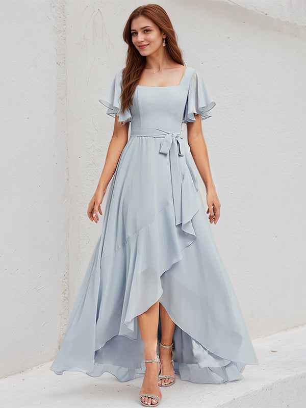 Dreamylily Women Ice Blue Chiffon A Line Square Neck Short Sleeves Asymmetrical Bridesmaid Dress Dreamylily Women Ice Blue Chiffon A Line Square Neck Short Sleeves Asymmetrical Bridesmaid Dress