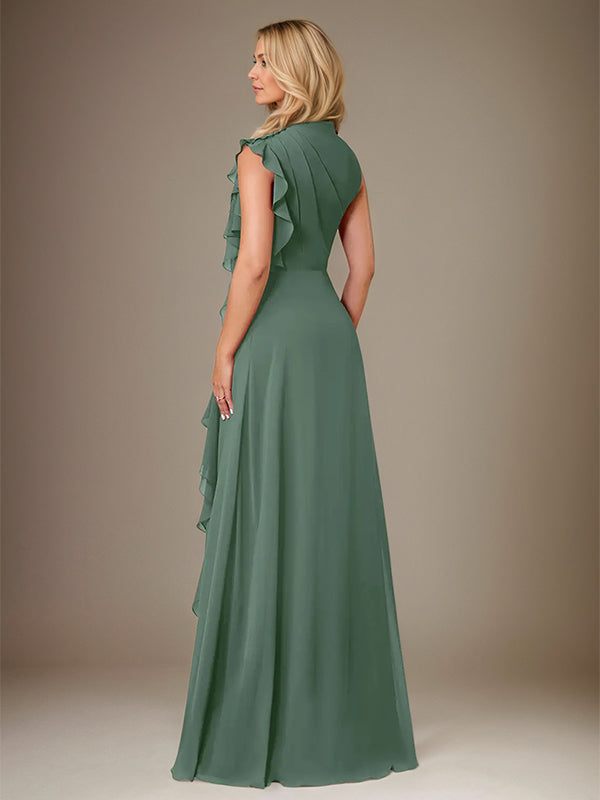 Eucalyptus A Line Chiffon High Neck Sleeveless Floor Length Dress With Cascading Ruffles