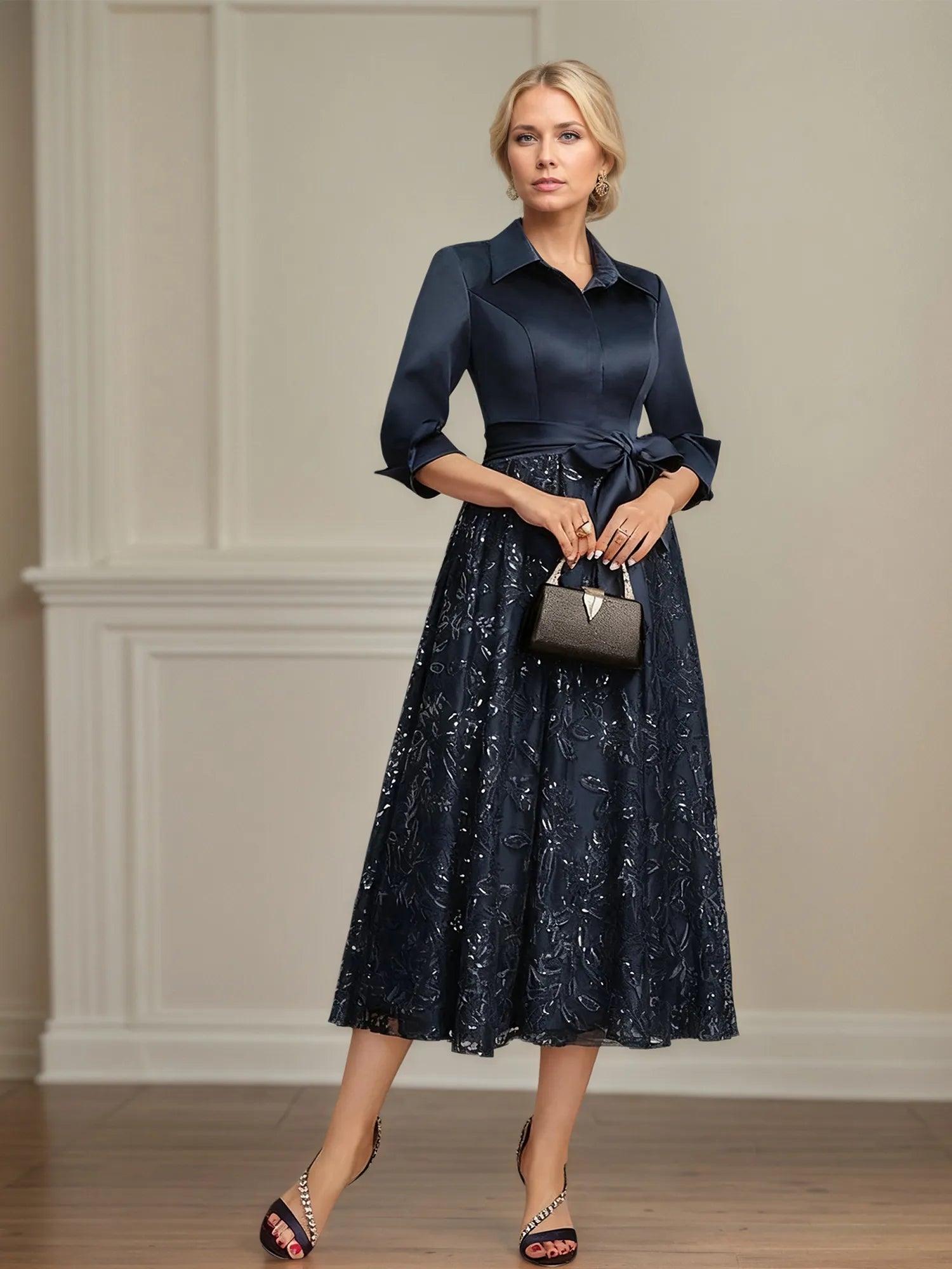 Dreamylily Women A-line Collared V-Neck Tea-Length Satin Lace Sequin Mother of the Bride Dress With Bow Dreamylily Women A-line Collared V-Neck Tea-Length Satin Lace Sequin Mother of the Bride Dress With Bow