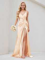 Champagne Satin V Neck Sleeveless V Back Dress With High Slit