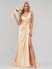 Champagne Satin V Neck Sleeveless V Back Dress With High Slit