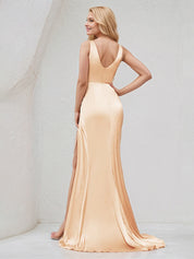 Champagne Satin V Neck Sleeveless V Back Dress With High Slit
