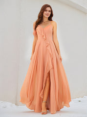 Orange Chiffon Spaghetti Straps Sleeveless Floor Length Dress With High Slit