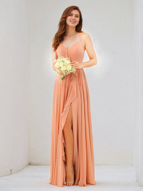 Orange Chiffon Spaghetti Straps Sleeveless Floor Length Dress With High Slit