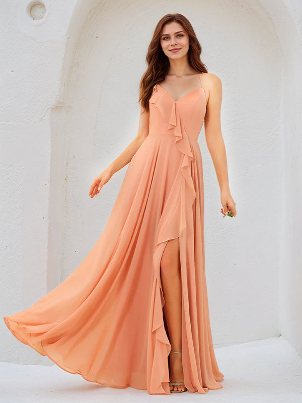 Orange Chiffon Spaghetti Straps Sleeveless Floor Length Dress With High Slit
