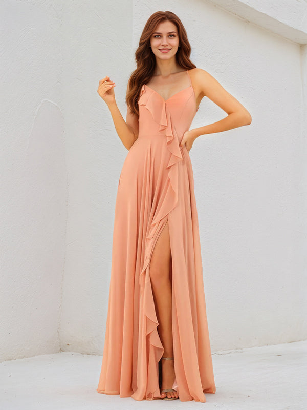 Orange Chiffon Spaghetti Straps Sleeveless Floor Length Dress With High Slit
