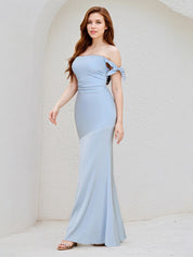 Sky Blue Satin Off the Shoulder Floor Length Dress With Bow Sleeves