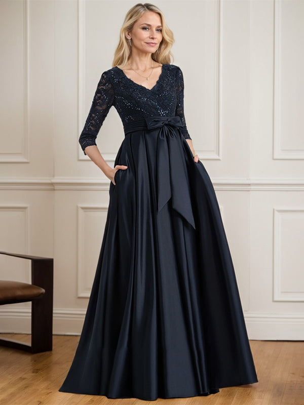 A-line V-Neck Floor-Length Satin Lace Mother of the Bride Dress With S