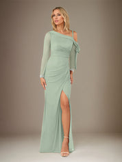 Sage Sheath/Column Chiffon One Shoulder Long Sleeves Floor Length Dress With Slit
