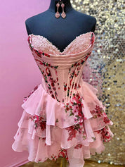 A-Line Sweetheart Strapless Appliquues Tiered Homecoming Dress