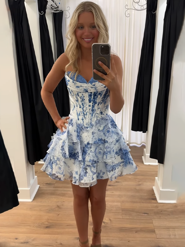 A-Line Sweetheart Strapless Appliquues Tiered Homecoming Dress