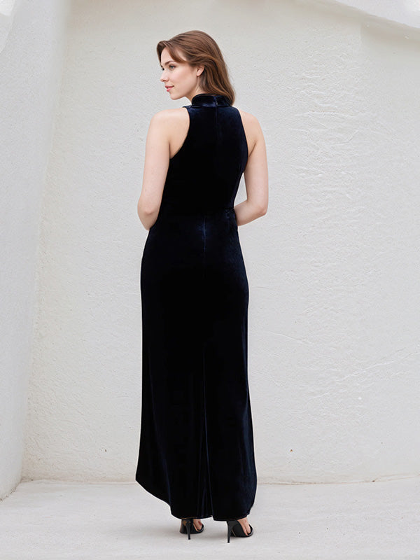 Navy Blue Stretch Velvet Halter Neck Sleeveless Asymmetrical Length Dress