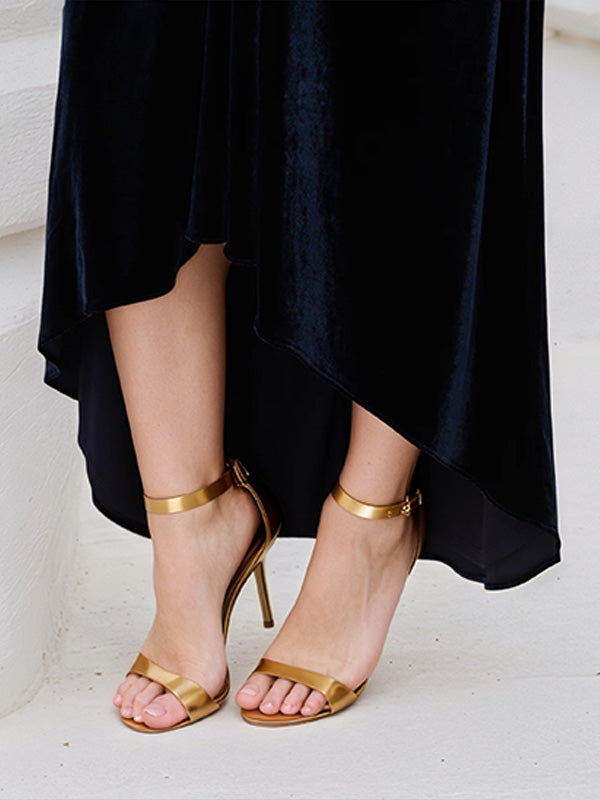 Navy Blue Stretch Velvet Halter Neck Sleeveless Asymmetrical Length Dress
