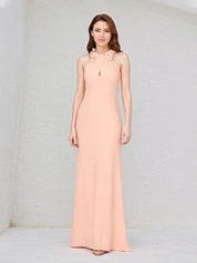Salmon Chiffon Halter Neck Sleeveless Floor Length Dress With Floral Embellished