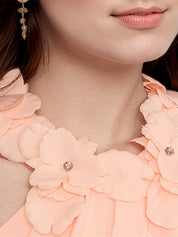 Salmon Chiffon Halter Neck Sleeveless Floor Length Dress With Floral Embellished