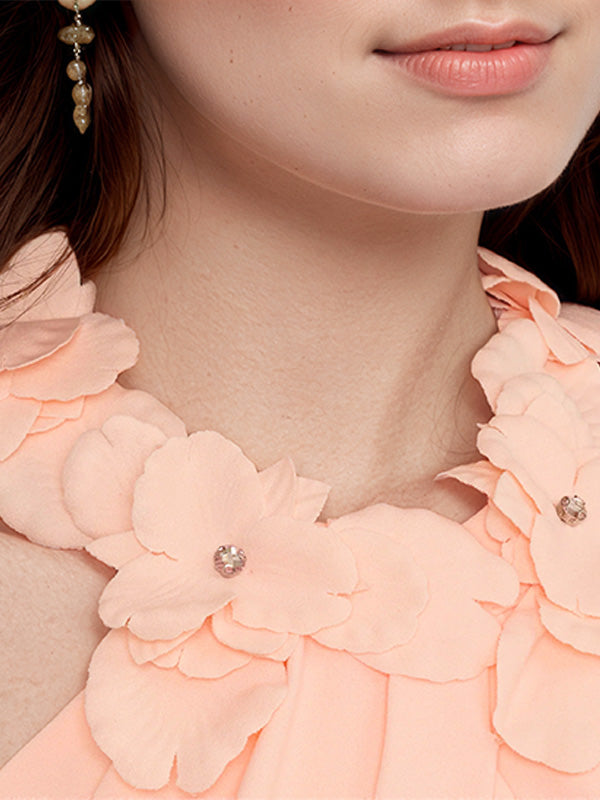 Salmon Chiffon Halter Neck Sleeveless Floor Length Dress With Floral Embellished