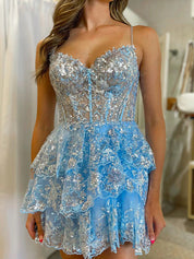A Line Short Spaghetti Straps Homecoming Dress with Lace Ruffles