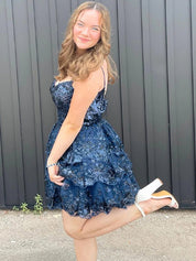A Line Short Spaghetti Straps Homecoming Dress with Lace Ruffles