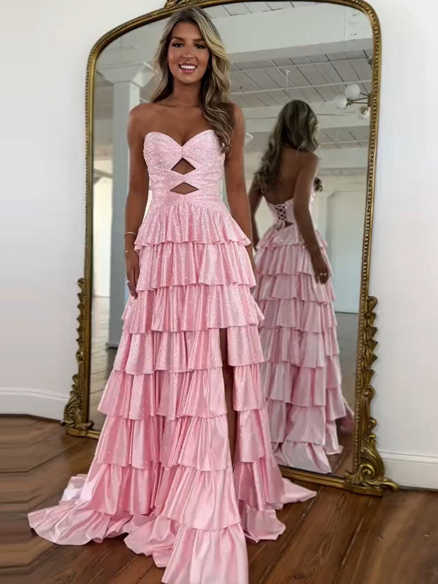 Dreamylily Prom Dress with Keyhole A Line Strapless Sweetheart Satin Long  Ball Gown
