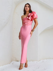 Hot Pink Satin One Shoulder Sleeveless Ankle Length Dress With Ruffles