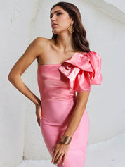 Hot Pink Satin One Shoulder Sleeveless Ankle Length Dress With Ruffles