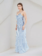 Sky Blue Satin Spaghetti Straps Sleeveless Floor Length Dress With Ruffles