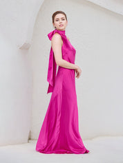 Hot Pink Satin Halter Neck Sleeveless Floor Length Dress With Bow