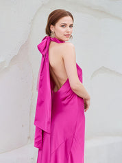Hot Pink Satin Halter Neck Sleeveless Floor Length Dress With Bow