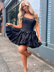 Black A-Line Strapless Short Satin Homecoming Dress With Bowknot