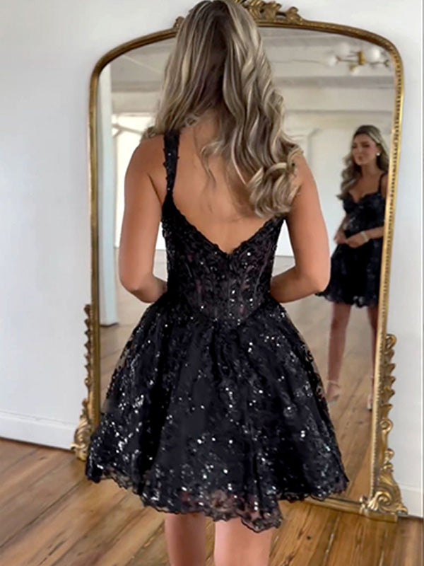Black A-Line Straps Short Homecoming Dress with Sequin