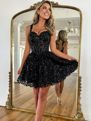 Black A-Line Straps Short Homecoming Dress with Sequin