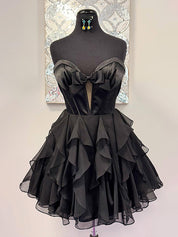 Black A Line Strapless Cut Front Homecoming Dress with Bow
