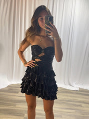 Black A Line Strapless Cut Out Tiered Metallic Short Homecoming Dress