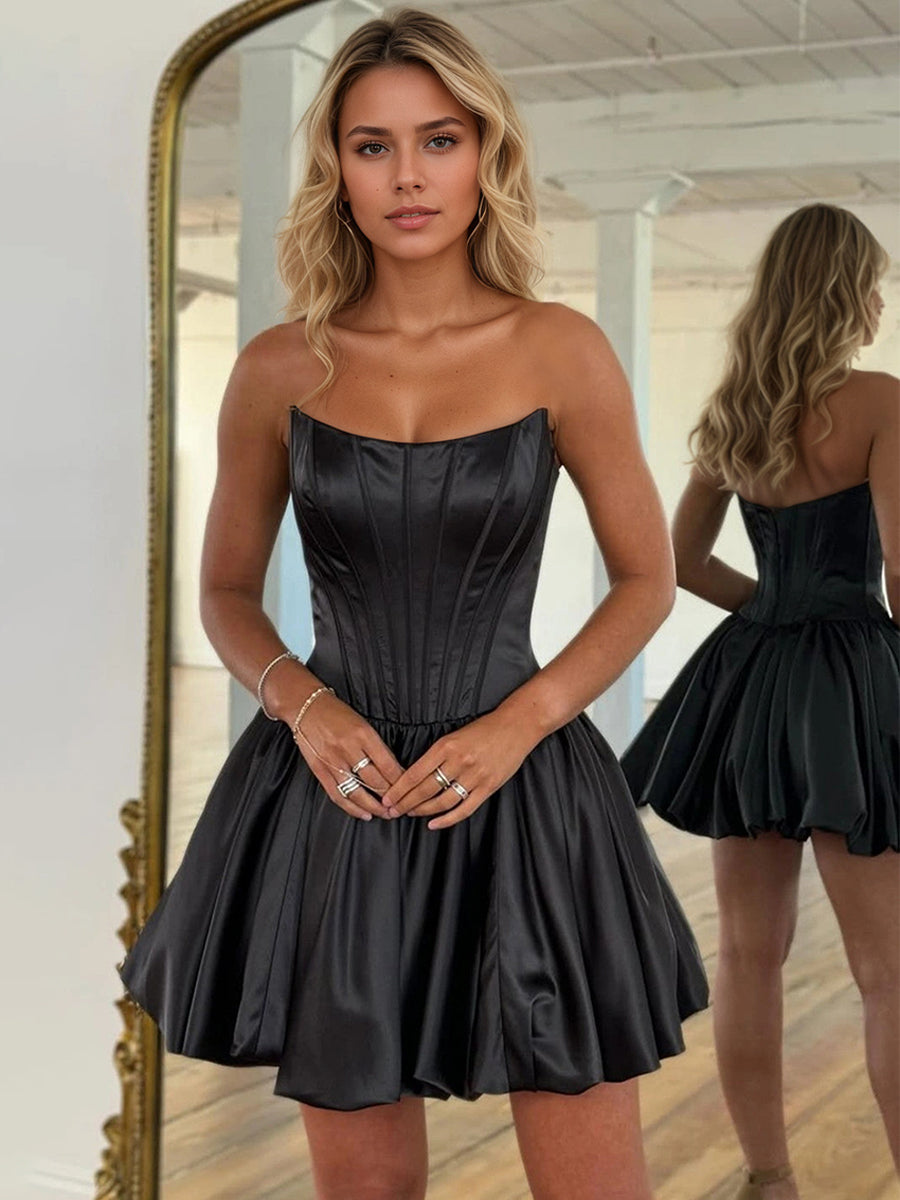 Black Satin Strapless Corset Homecoming Dress with Pleated Skirt