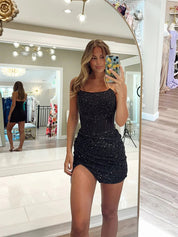 Black Strapless Sequins Tight Short Homecoming Dress with Beadings