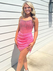 Strapless Sequins Tight Short Homecoming Dress with Beadings