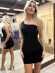 One Shoulder Short Tight Beaded Homecoming Dress
