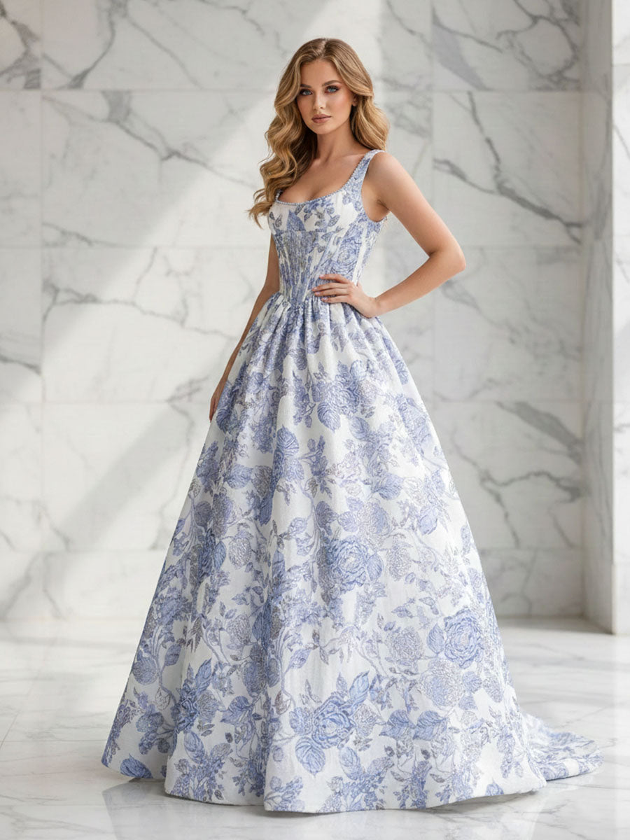 Dreamylily Prom Dress Blue Floral A Line Square Neck Brocade Corset
