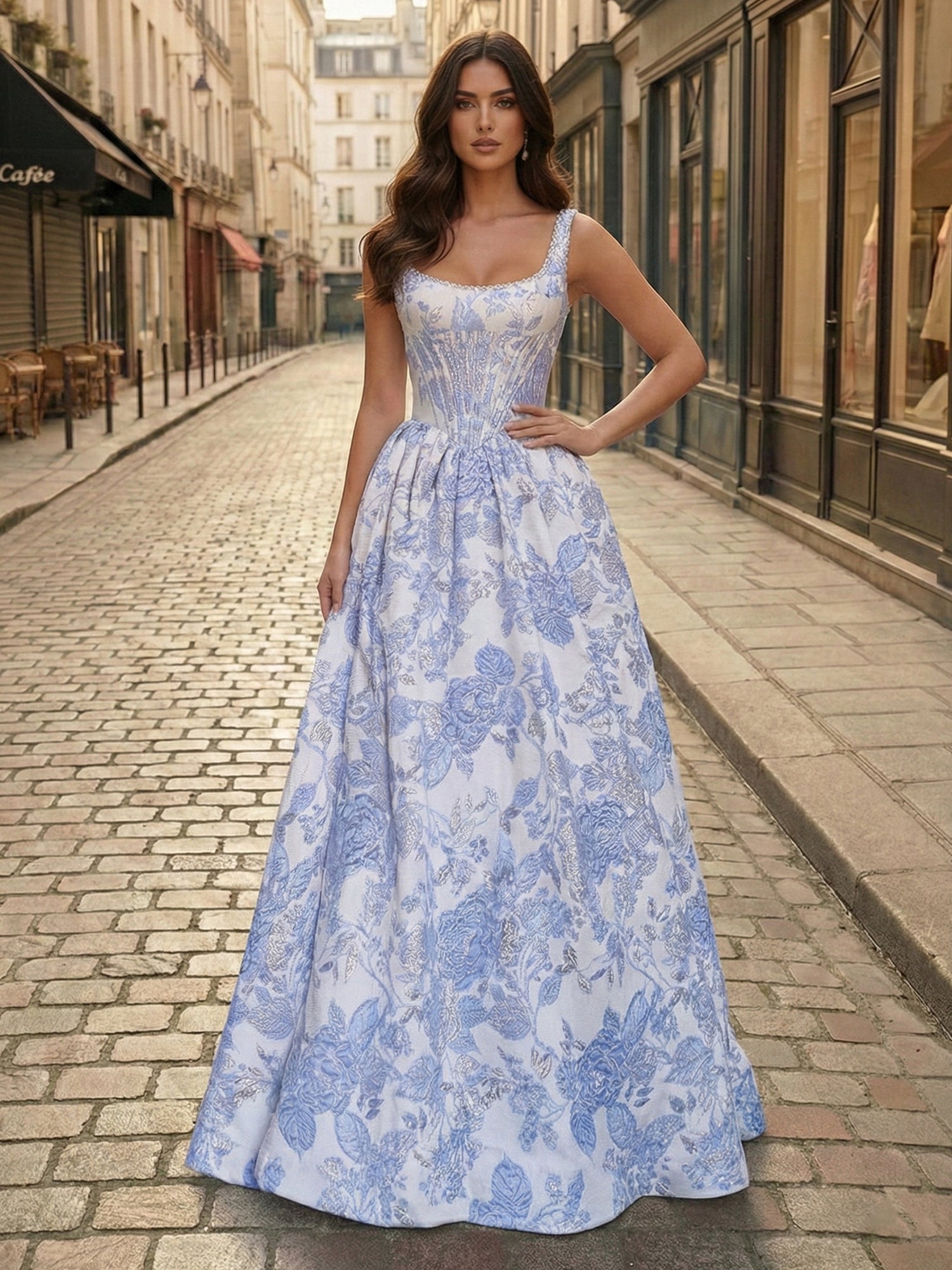 Dreamylily Prom Dress Blue Floral Brocade Pearl Long Corset Evening Gown Party Dress