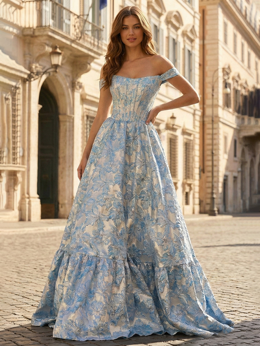 Dreamylily Prom Dress Blue Floral Jacquard Off-the-Shoulder Corset Evening Gown Ball Gown Dreamylily Prom Dress Blue Floral Jacquard Off-the-Shoulder Corset Evening Gown Ball Gown