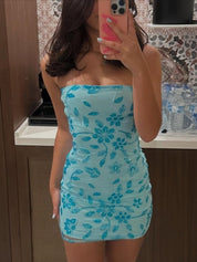Blue Strapless Bodycon Beaded Floral Short Homecoming Dress