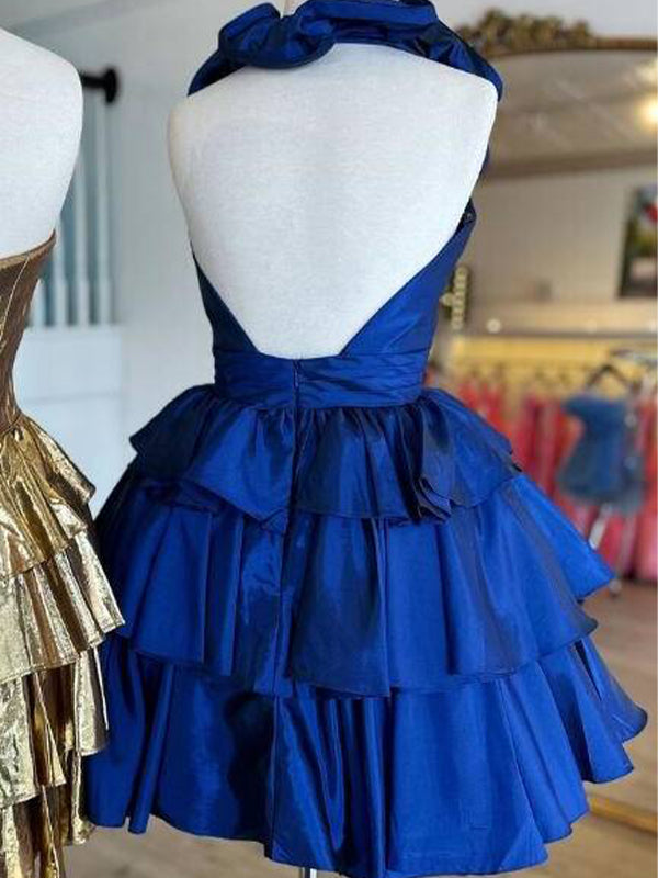 Blue A-Line Halter Neck Short Tiered Homecoming Dress