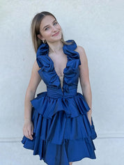 Blue A-Line Halter Neck Short Tiered Homecoming Dress