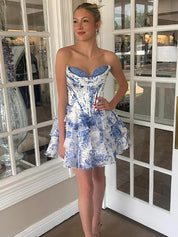 Blue A-Line Sweetheart Strapless Appliquued Tiered Homecoming Dress