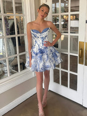 Blue A-Line Sweetheart Strapless Appliquued Tiered Homecoming Dress