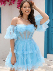 Blue A Line Off the Shoulder Cortset Homecoming Dress