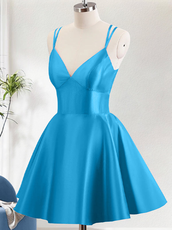 Blue A Line Spaghetti Straps Backless Homecoming Dress