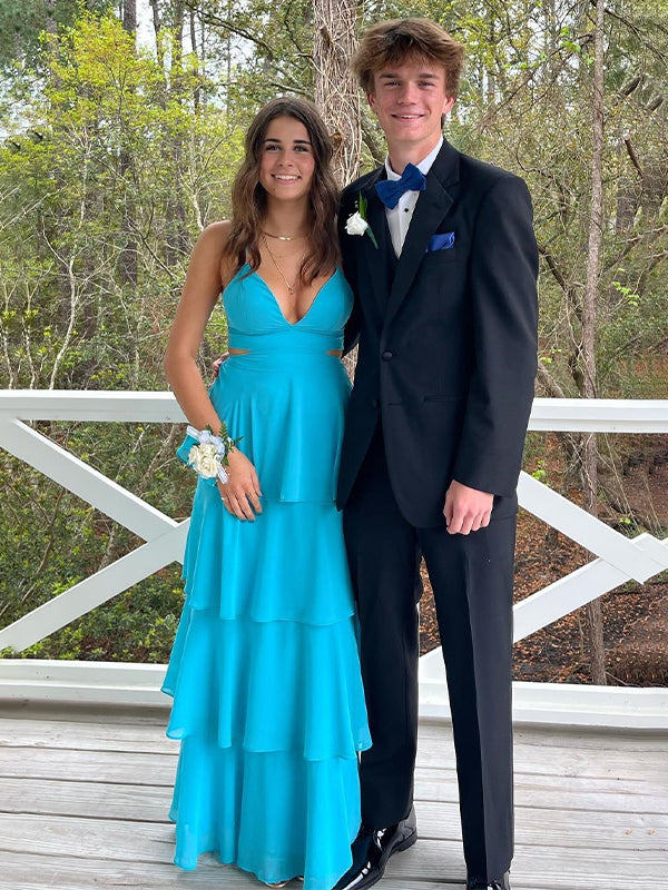 Glamorous Blue Long A-line V-neck Split Beading Prom Dress
