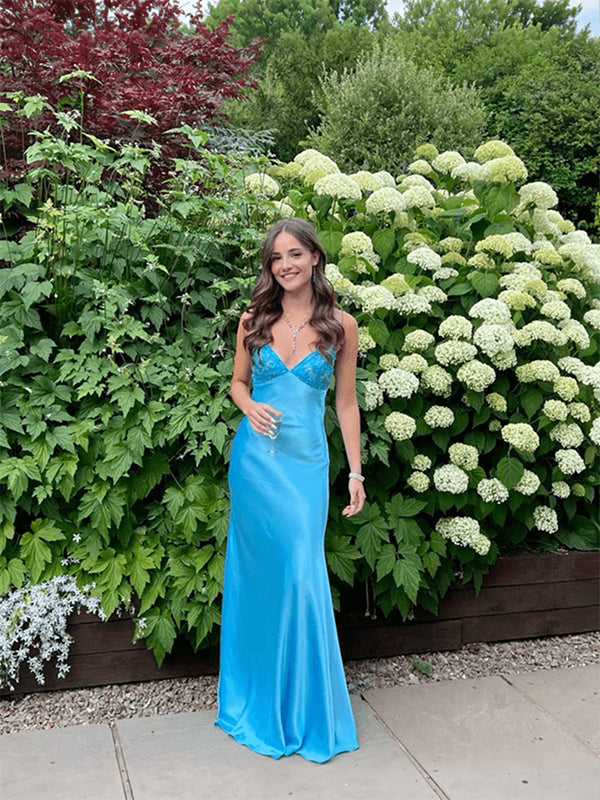 Dreamylily Women Blue A Line V-neck Beaded Back Tie Long Prom Dress Dreamylily Women Blue A Line V-neck Beaded Back Tie Long Prom Dress